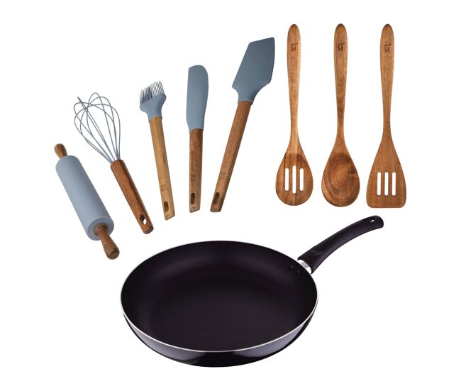 Conjunto de panelas pixel chef (ø24x4,5cm) em alumínio prensado + conjunto de 3 utensílios de cozinha em madeira + conjunto de 5 utensílios de cozinha
