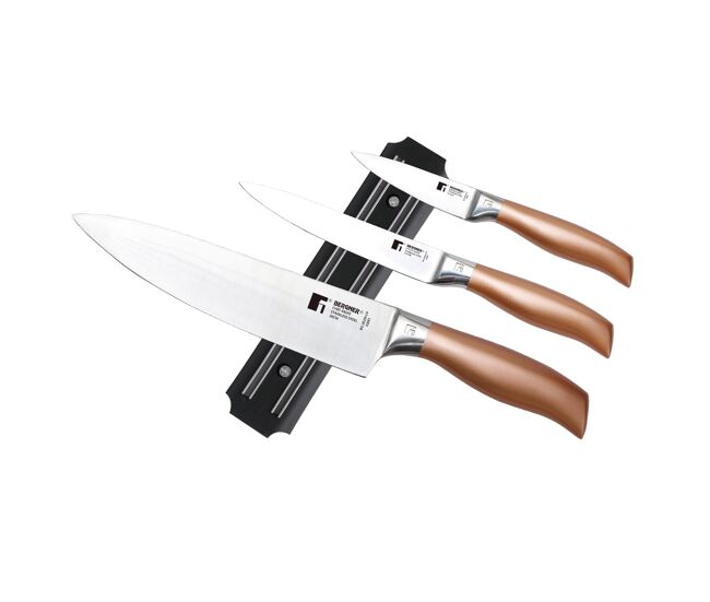Conjunto de 3 facas bergner copper em aço inoxidável + suporte magnético de parede