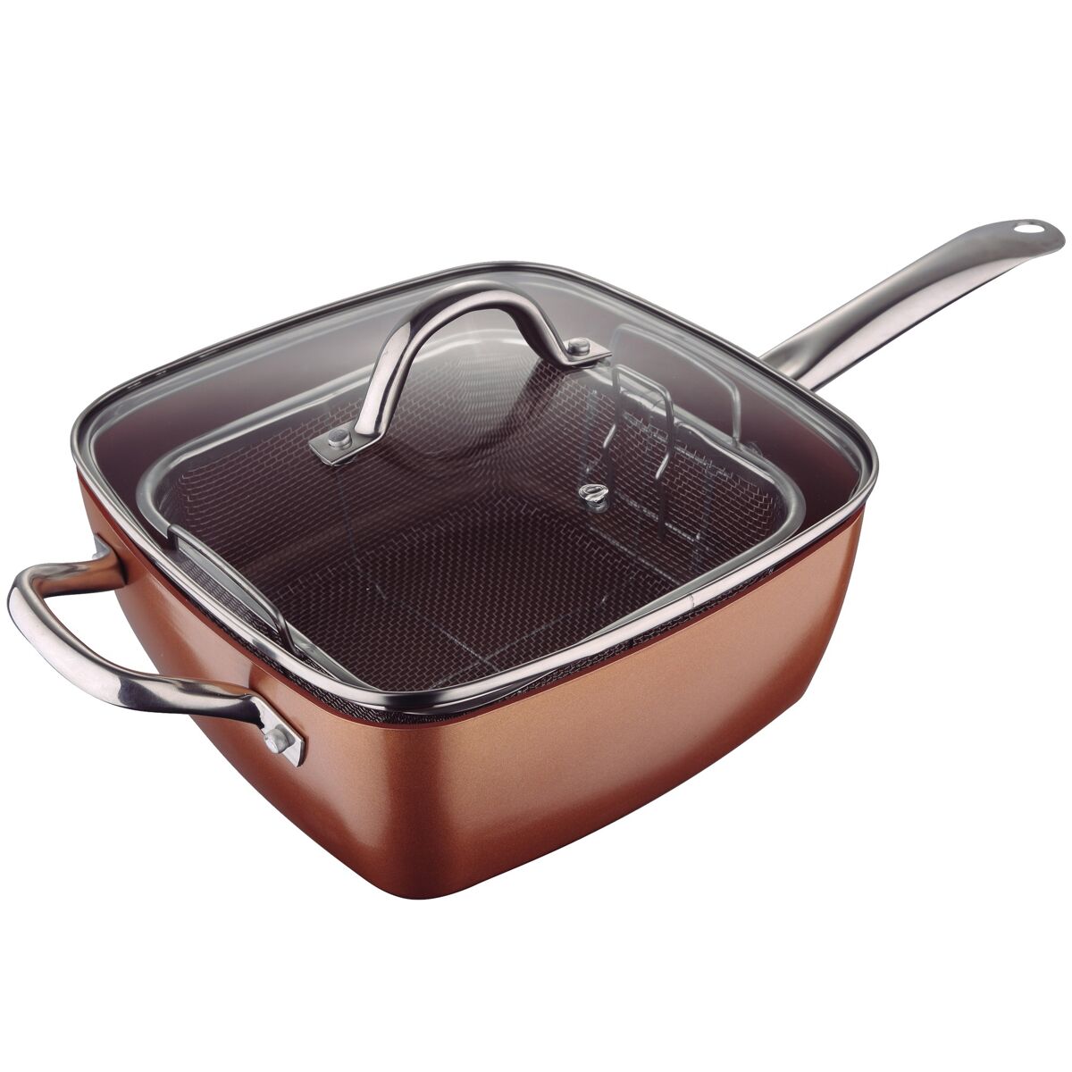 Frigideira quadrada bergner optimum copper, 24x24x9,5cm, com tampa, em alumínio prensado, compatível com indução.
