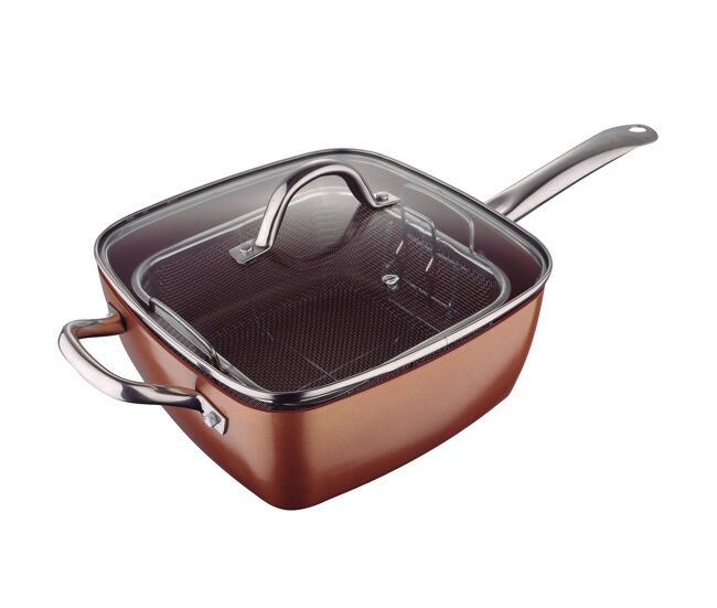 Frigideira quadrada bergner optimum copper, 24x24x9,5cm, com tampa, em alumínio prensado, compatível com indução.