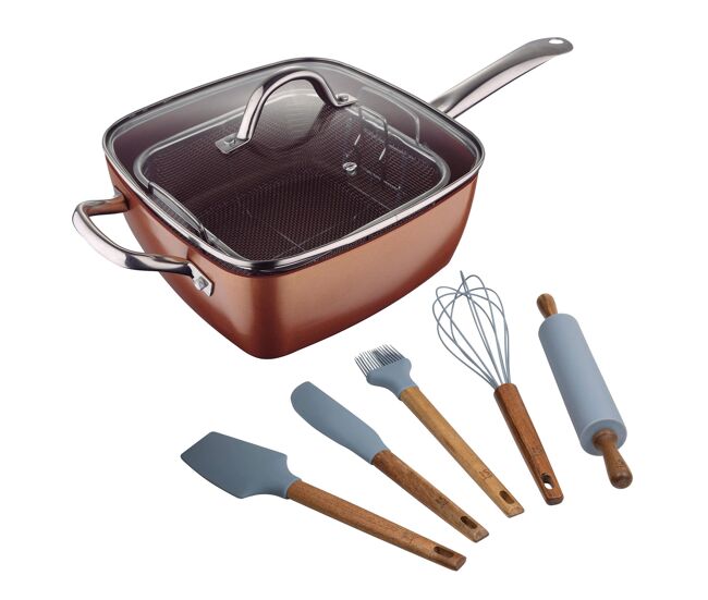 Conjunto de frigideira quadrada bergner optimum copper 24x24cm em alumínio prensado + conjunto de 5 utensílios de cozinha em silicone e madeira