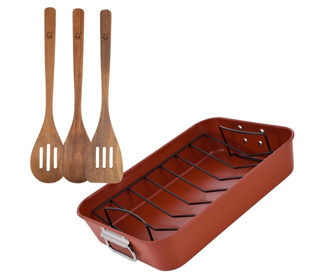 Conjunto de 3 utensílios de cozinha em madeira + assadeira em aço 40x28cm agros san ignacio