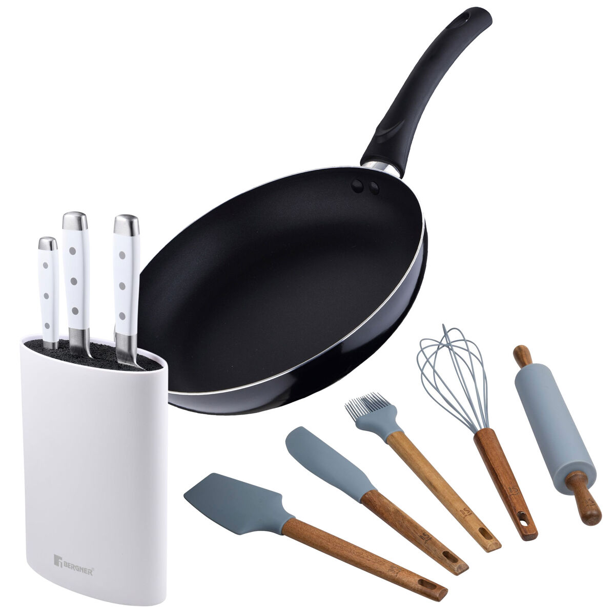 Conjunto de frigideira de alumínio prensado de 24x4,5cm + 3 facas (chef + santoku + multiuso) com bloco + 5 utensílios de cozinha de silicone pixel