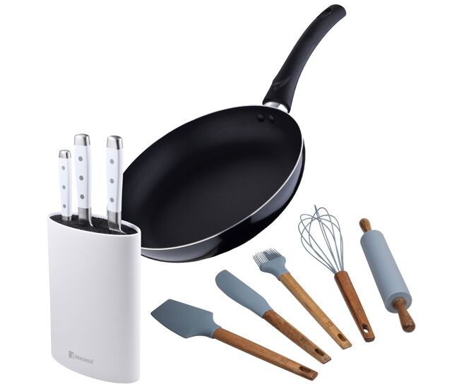 Conjunto de frigideira de alumínio prensado de 24x4,5cm + 3 facas (chef + santoku + multiuso) com bloco + 5 utensílios de cozinha de silicone pixel