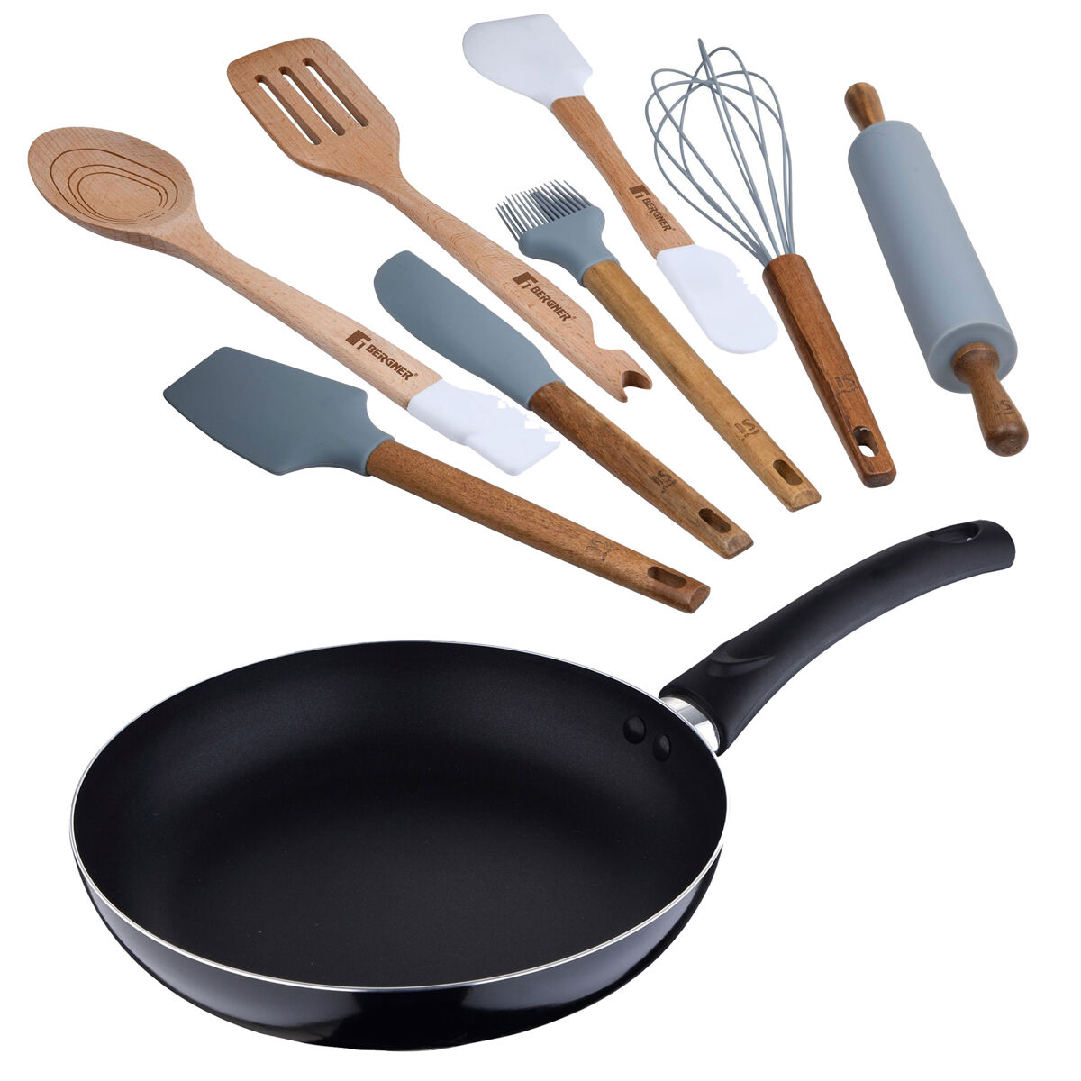Conjunto de panelas pixel chef (ø24x4,5cm) - alumínio prensado + 3 utensílios de cozinha de madeira e silicone + 5 utensílios de cozinha de silicone