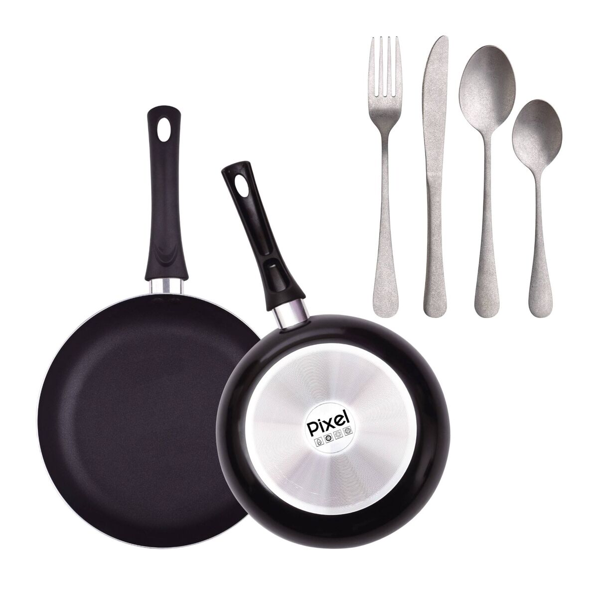 Conjunto de 2 frigideiras ø20ø24cm em alumínio prensado antiaderente + conjunto de 16 talheres em aço inoxidável + molho pixel chef
