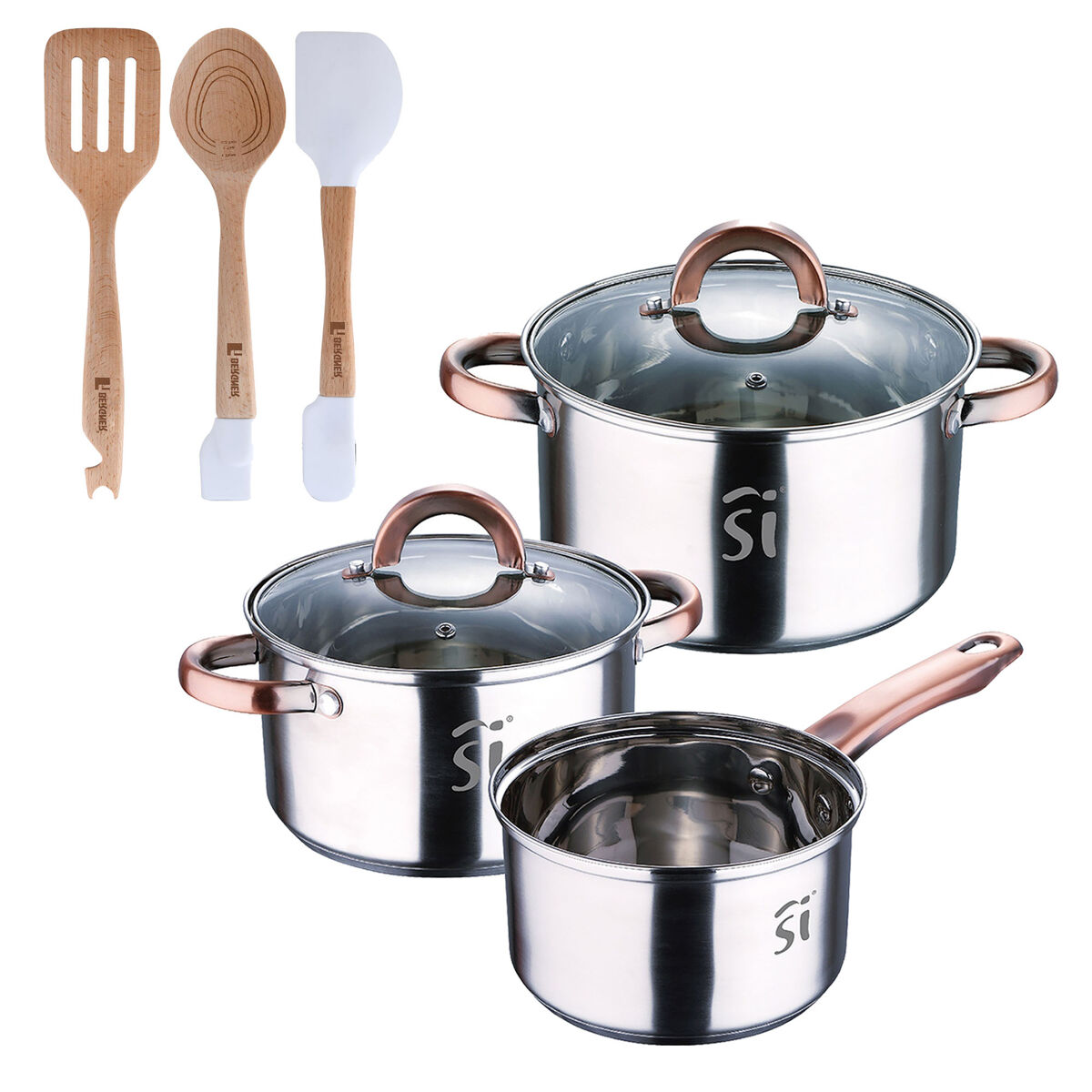 Conjunto de panelas de aço inoxidável de 5 peças ø16ø18ø20, adequado para indução + conjunto de utensílios de cozinha bergner naturally de 3 peças em