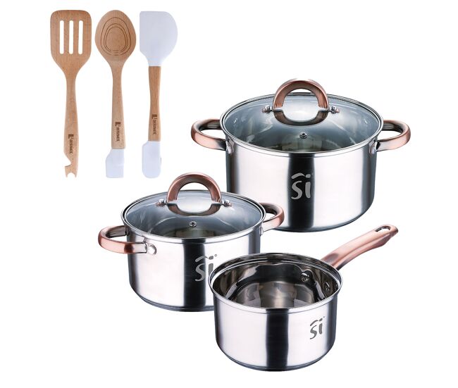 Conjunto de panelas de aço inoxidável de 5 peças ø16ø18ø20, adequado para indução + conjunto de utensílios de cozinha bergner naturally de 3 peças em