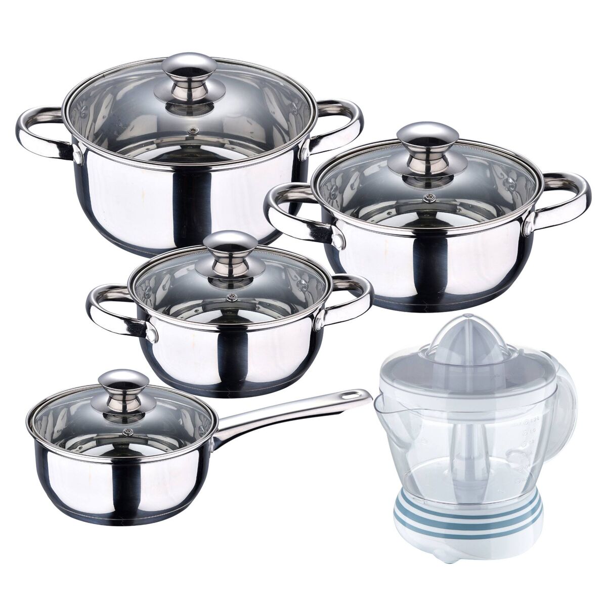 Conjunto de panelas san ignacio de 7 peças em aço inoxidável, adequado para todos os tipos de fogão + espremedor de frutas de 40w, 1,2 litros