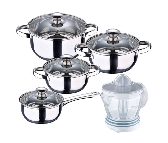 Conjunto de panelas san ignacio de 7 peças em aço inoxidável, adequado para todos os tipos de fogão + espremedor de frutas de 40w, 1,2 litros