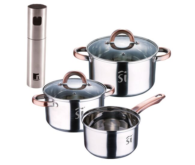 Conjunto de panelas de aço inoxidável de 5 peças (ø16, ø18, ø20), adequadas para fogões de indução + pulverizador de óleo e vinagre bergner copper (ø4