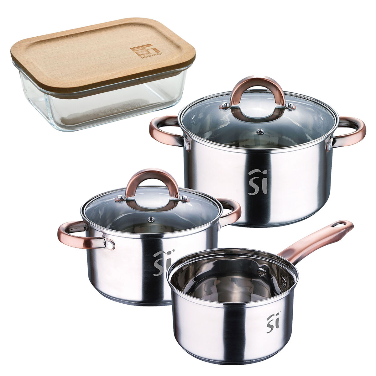 Conjunto de panelas de acier inox de 5 peças ø16ø18ø20, adequado para indução + recipiente hermético de vidro borossilicato bergner naturally de 650 ml