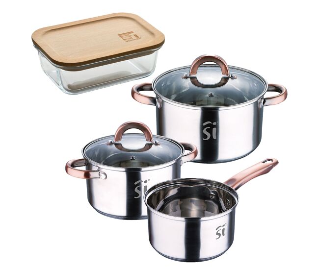 Conjunto de panelas de acier inox de 5 peças ø16ø18ø20, adequado para indução + recipiente hermético de vidro borossilicato bergner naturally de 650 ml