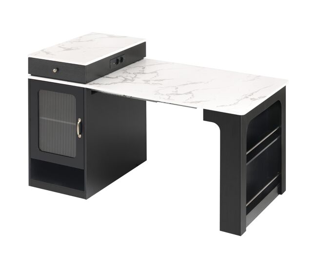 Ilha de cozinha com rodas - mesa extensível com tampo removível e tomadas - branco+preto