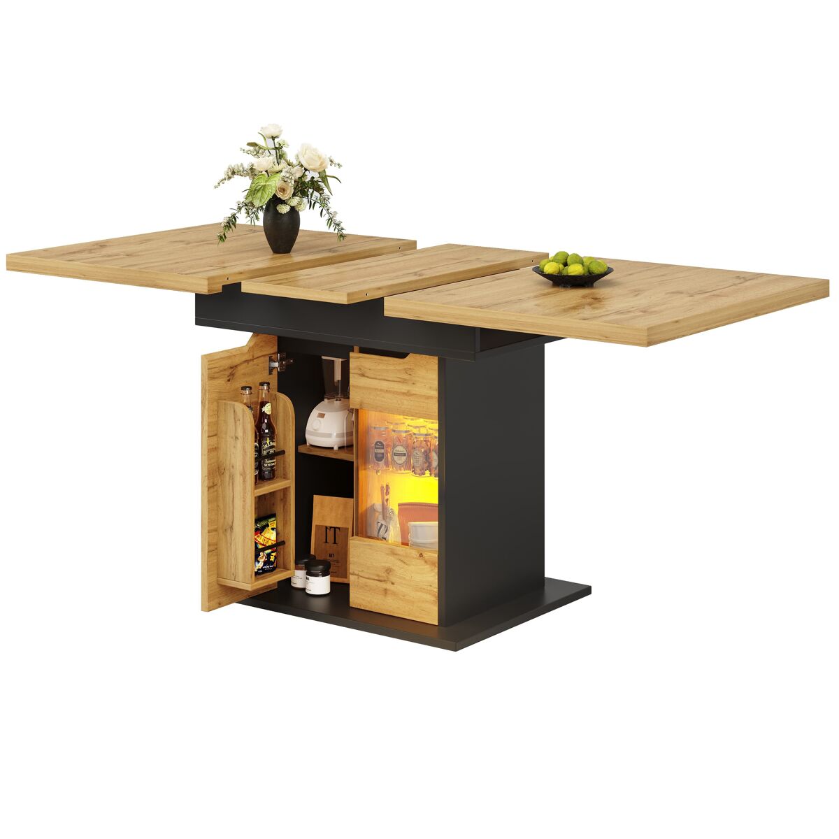 Mesa extensível 110-140x80 cm - telescópica, com led e arrumação - preto + natural