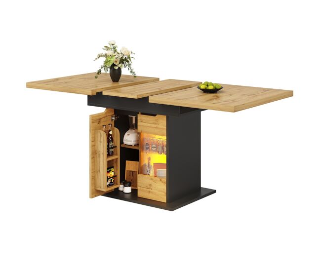 Mesa extensível 110-140x80 cm - telescópica, com led e arrumação - preto + natural