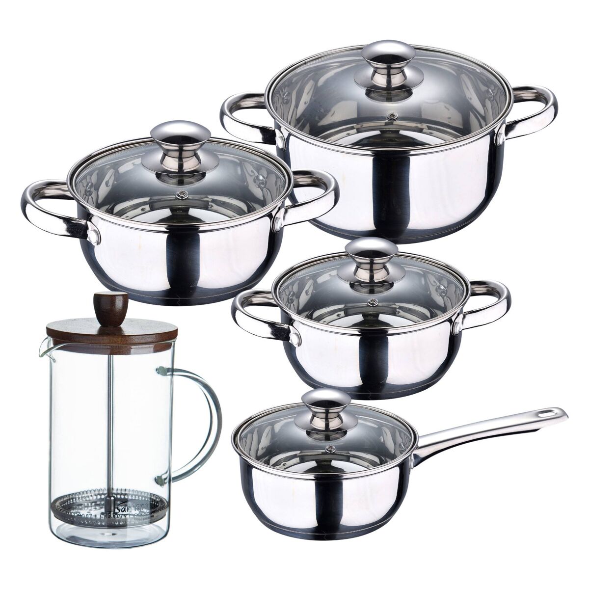 Conjunto de panelas san ignacio de 7 peças em acier inox, adequado para todos os tipos de fogão + cafetière de vidro borossilicato 15,8 x 10 x 18,8 cm