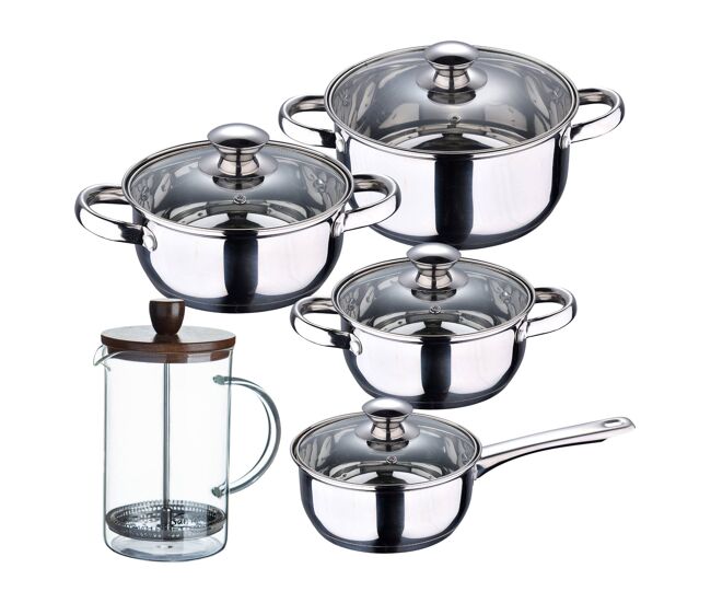 Conjunto de panelas san ignacio de 7 peças em acier inox, adequado para todos os tipos de fogão + cafetière de vidro borossilicato 15,8 x 10 x 18,8 cm