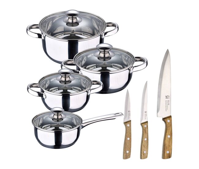 Conjunto de panelas san ignacio de 7 peças em aço inoxidável, adequado para todos os tipos de fogão + conjunto de 3 facas em aço inoxidável