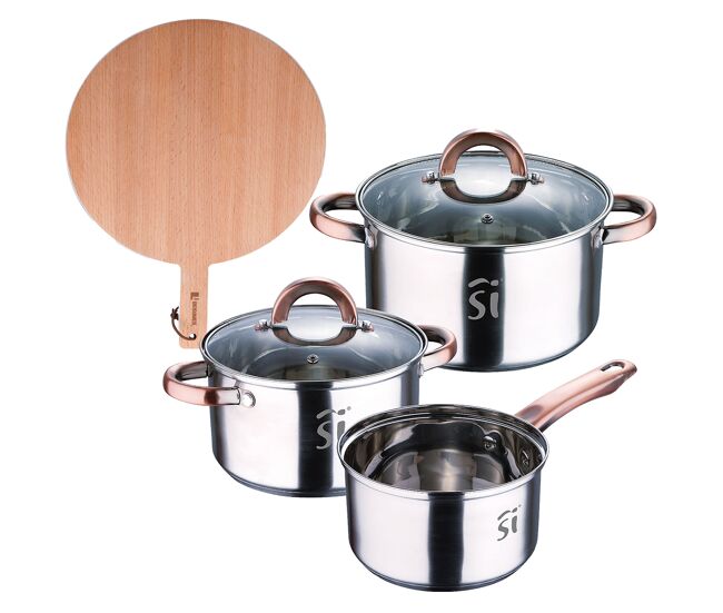 Conjunto de panelas de aço inoxidável de 5 peças ø16ø18ø20, adequado para fogões de indução + tábua de corte redonda bergner naturally em madeira de