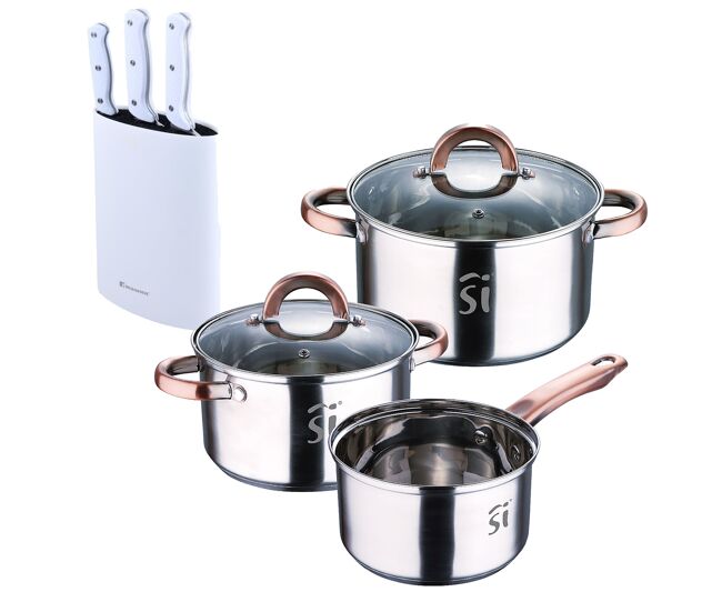 Conjunto de panelas de aço inoxidável de 5 peças (ø16ø18ø20), adequado para fogões de indução + conjunto de facas de aço inoxidável bergner naturally
