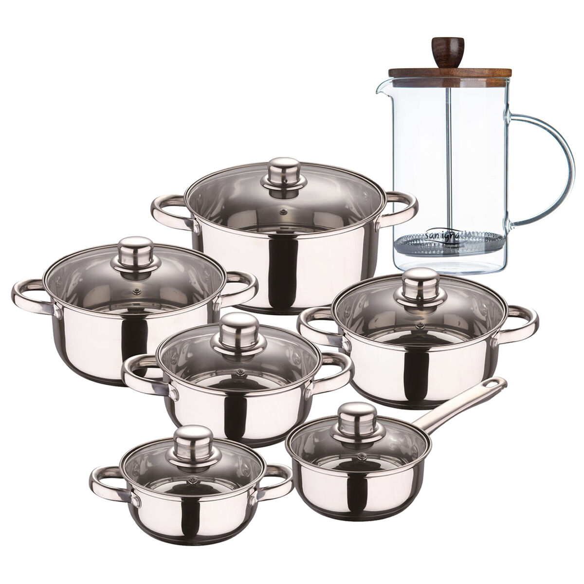Conjunto de panelas san ignacio de aço inoxidável com acabamento cromado, coleção cassel, 12 peças + cafeteira de vidro borossilicato 15,8 x 10 x 18,8