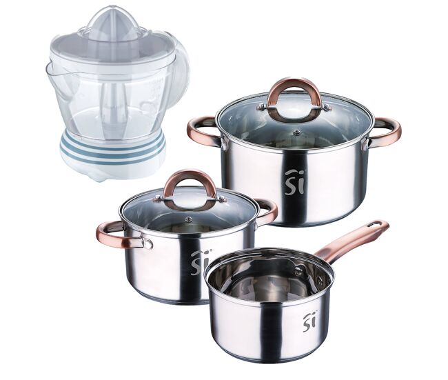 Conjunto de panelas de aço inoxidável de 5 peças (ø16, ø18, ø20), adequadas para fogões de indução + extrator de suco bergner naturally - 40w -