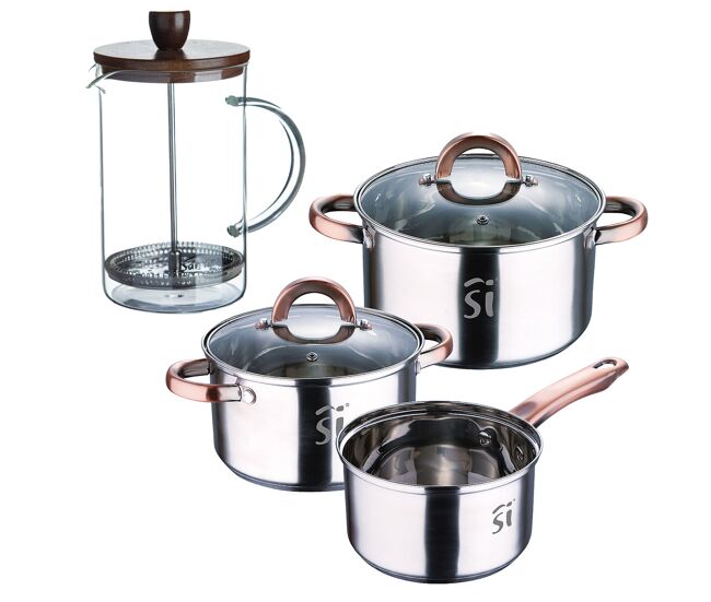 Conjunto de panelas de acier inox de 5 peças (ø16, ø18, ø20), adequadas para fogões de indução + cafetière francesa noia san ignacio em vidro borossilicato (15,8 x 10 x 18,8 cm)