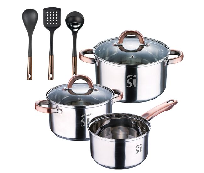 Conjunto de panelas de aço inoxidável de 5 peças ø16ø18ø20, adequado para indução + conjunto de utensílios de cozinha bergner copper de 3 peças em pbt