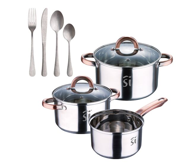 Conjunto de panelas de aço inoxidável de 5 peças (ø16, ø18, ø20 cm), adequadas para indução + conjunto de talheres de aço inoxidável de 16 peças da