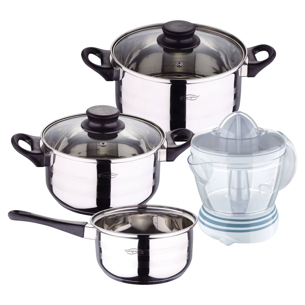 Conjunto de panelas toledo de 5 peças, adequado para fogões de indução + extrator de suco bergner naturally - 40w - capacidade de 1,2 litros