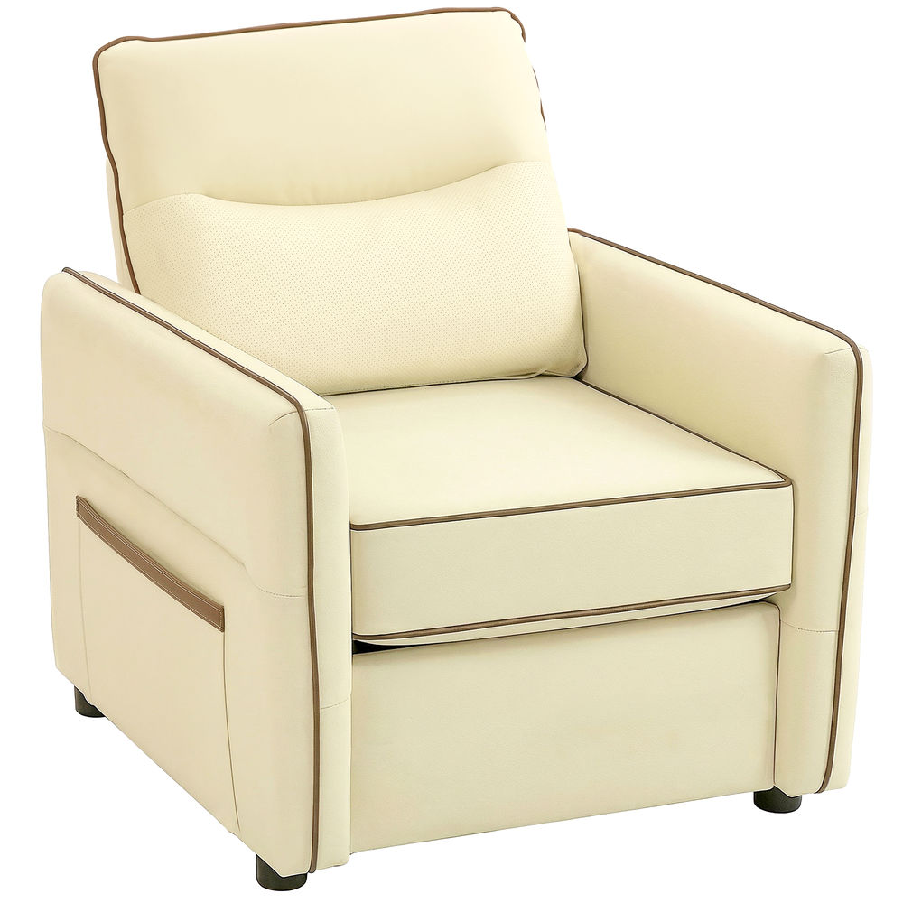 Homcom Fauteuil de salon rembourré en cuir synthétique fauteuil relax moderne avec assise large rembourrée épaisse accoudoirs et poche latérale pour chambre salon capacité 120 kg beige