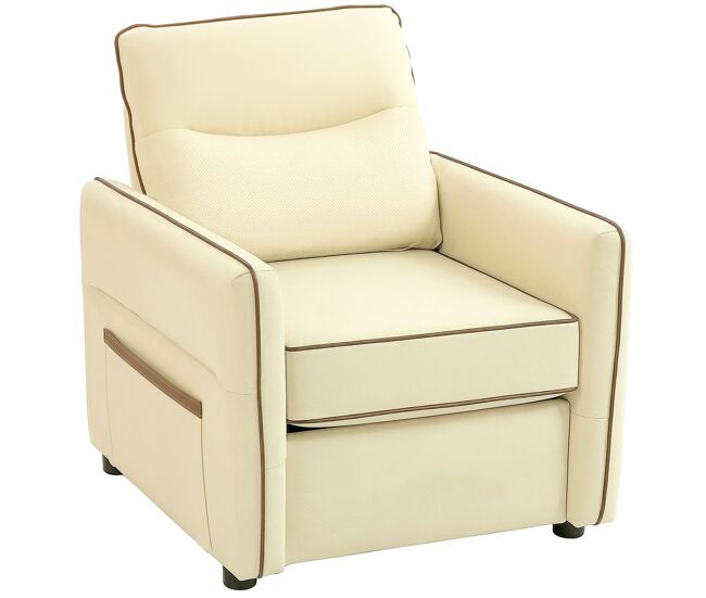 Homcom Fauteuil de salon rembourré en cuir synthétique fauteuil relax moderne avec assise large rembourrée épaisse accoudoirs et poche latérale pour chambre salon capacité 120 kg beige