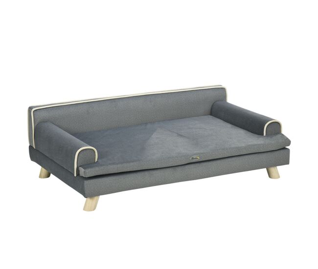 Pawhut sofá para cães grandes e médios 100x62x32 cm cama elevada revestimento em chenille com almofada lavável e pés de madeira de pinho cinza escuro