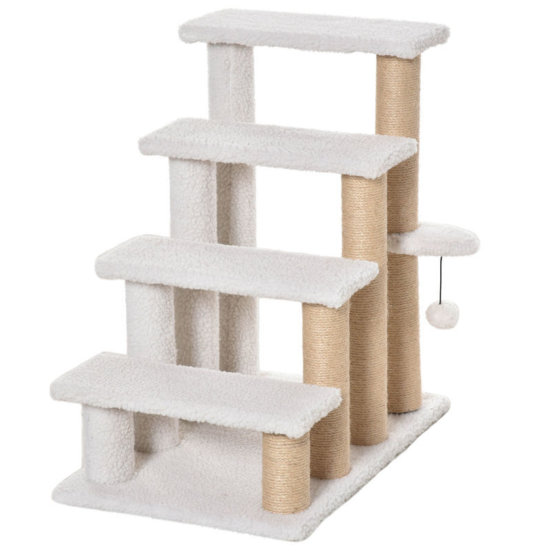 Pawhut escada para gatos de 4 níveis coberta de pelúcia suave poste de juta bola pendurada arranhador para gatos 60x40x64 cm branco
