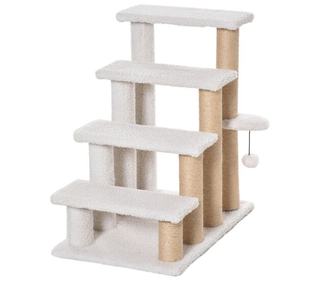 Pawhut escada para gatos de 4 níveis coberta de pelúcia suave poste de juta bola pendurada arranhador para gatos 60x40x64 cm branco