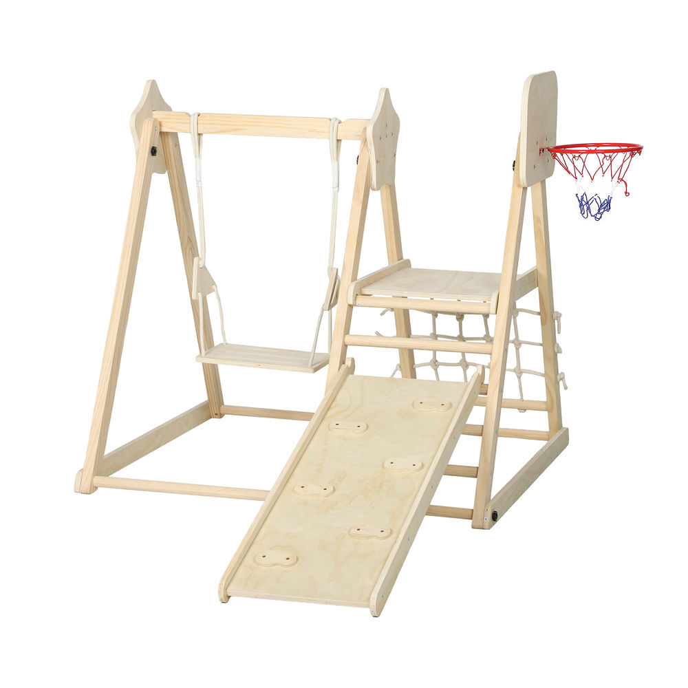 Aiyaplay escorrega infantil 5 em 1 estrutura de escalada de madeira com escorrega baloiço cesto de basquetebol prancha rede de escalada parque dobrável para enfants de 3-6 anos 140x172,5x116,5 cm madeira