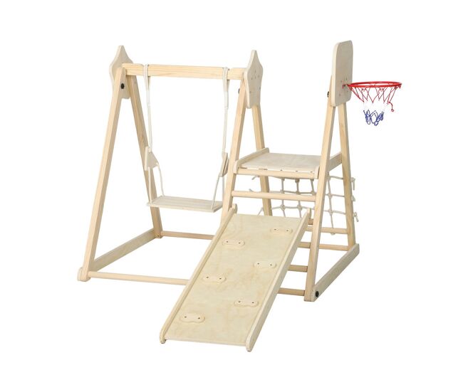 Aiyaplay escorrega infantil 5 em 1 estrutura de escalada de madeira com escorrega baloiço cesto de basquetebol prancha rede de escalada parque dobrável para enfants de 3-6 anos 140x172,5x116,5 cm madeira