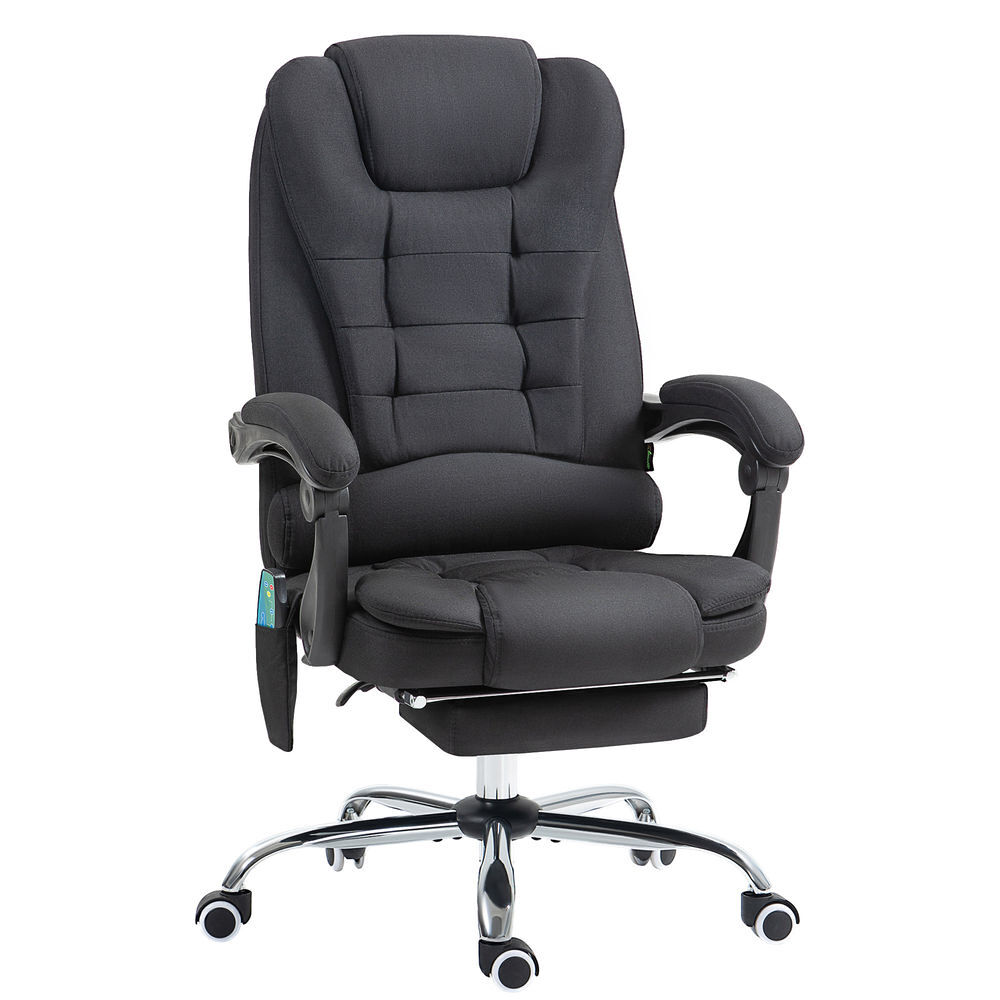 Vinsetto cadeira de escritório com 6 pontos de massagem giratória com encosto reclinável 135º função de aquecimento apoio para os pés retrátil altura ajustável e controlo remoto 65x70x111-119 cm noir