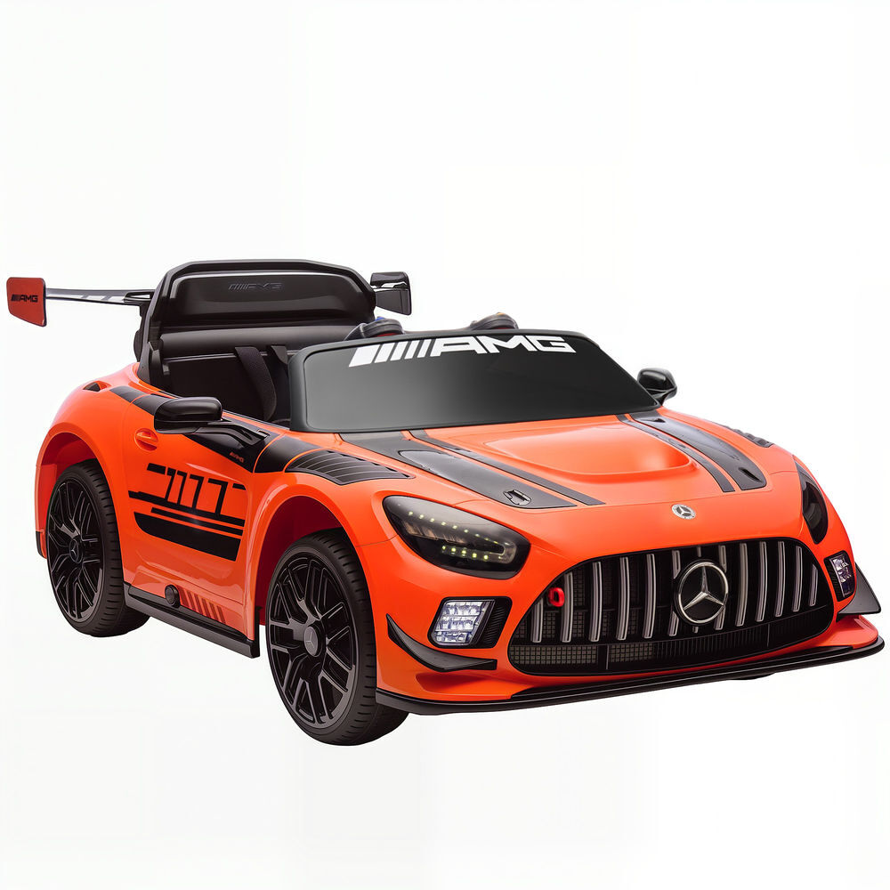 Aiyaplay carro électrique para enfants mercedes-amg gt3 evo carro de bateria 12v com controlo remoto 2,4g motor duplo rodas auxiliares alça de transporte música faróis 115x66x44 cm orange