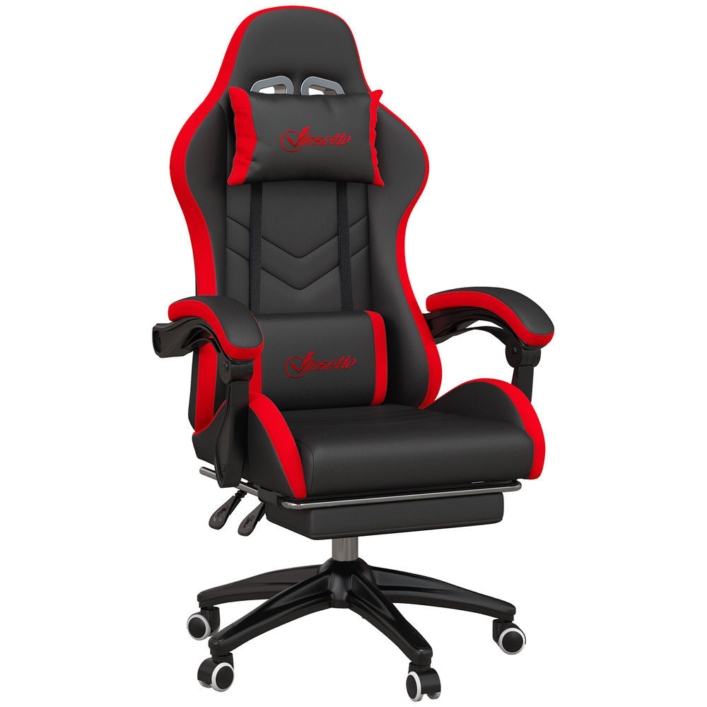 Vinsetto cadeira gaming ergonómica reclinável 135° cadeira gamer racing de couro pu com suporte lombar altura ajustável apoio para a cabeça e apoio para os pés retrátil 65x65x129 cm preto e vermelho