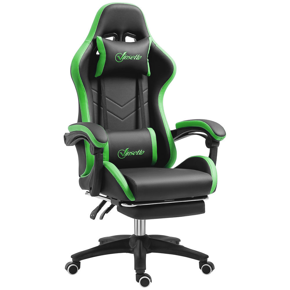 Vinsetto cadeira gaming reclinável até 135° com suporte lombar altura ajustável almofada de cabeça e apoio para os pés retrátil 65x65x121-129 cm preto e verde