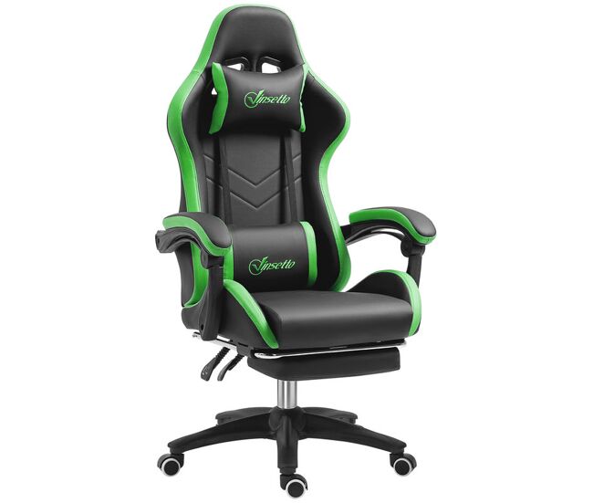 Vinsetto cadeira gaming reclinável até 135° com suporte lombar altura ajustável almofada de cabeça e apoio para os pés retrátil 65x65x121-129 cm noir e verde