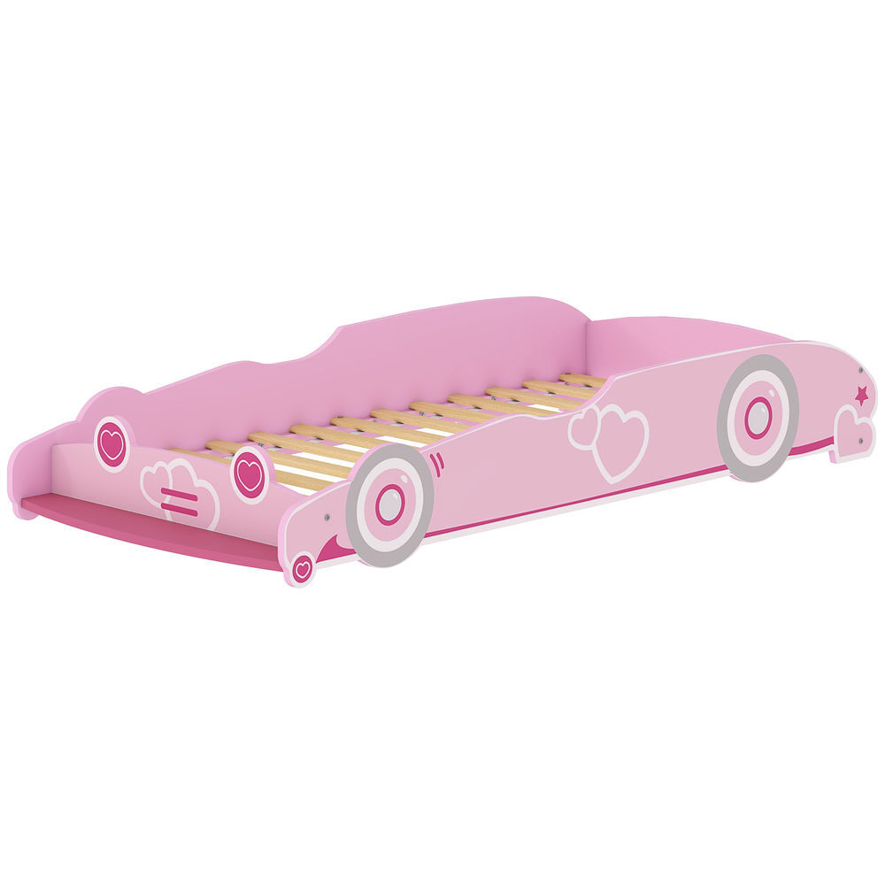 Aiyaplay cama infantil 70x140 cm em forma de carro com barreira de proteção e estrado para crianças de 3-5 anos rosa