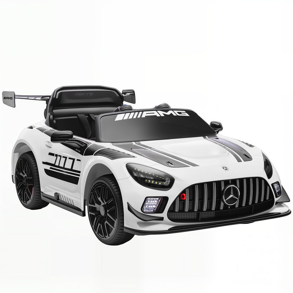 Aiyaplay carro électrique para enfants mercedes-amg gt3 evo carro de bateria 12v com controlo remoto 2,4g motor duplo rodas auxiliares alça de transporte música faróis 115x66x44 cm blanc