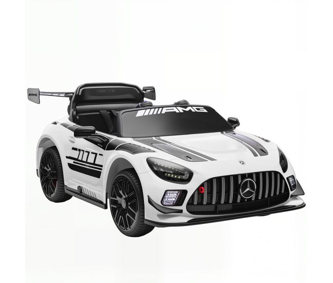 Aiyaplay carro électrique para enfants mercedes-amg gt3 evo carro de bateria 12v com controlo remoto 2,4g motor duplo rodas auxiliares alça de transporte música faróis 115x66x44 cm blanc
