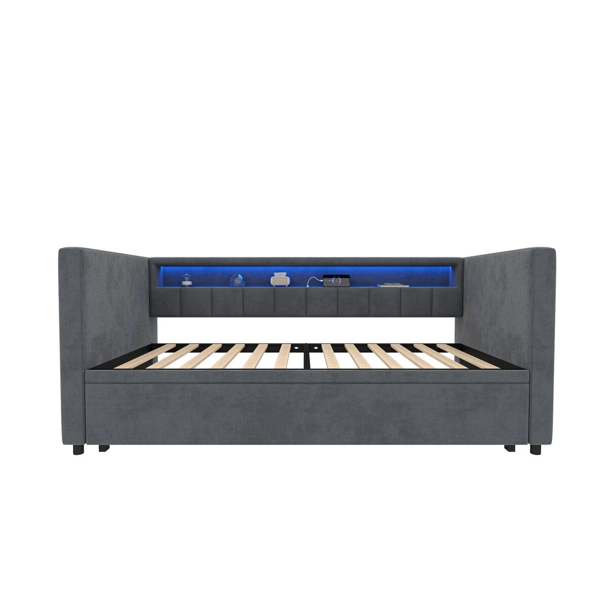 Sofá-cama multifuncional 90x190 cm - cama extraível, usb type-c, led ambiente, armazenamento - cinza