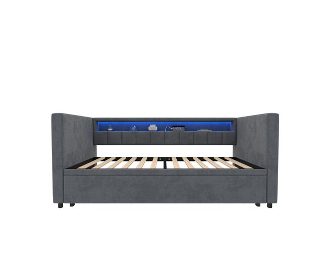 Sofá-cama multifuncional 90x190 cm - cama extraível, usb type-c, led ambiente, armazenamento - cinza
