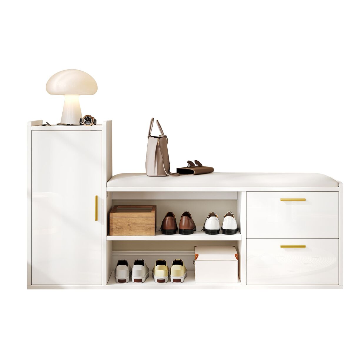 Sapateira 128x30x68 cm - 2 gavetas, 1 porta, assento almofadado e arrumação - branco