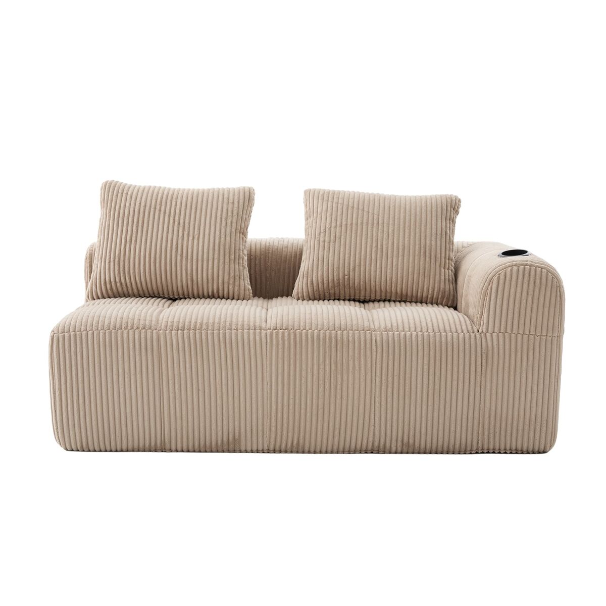 Sofá de veludo cotelê de 2 lugares - com almofadas macias, bolsa lateral para comando e bebidas - cáqui